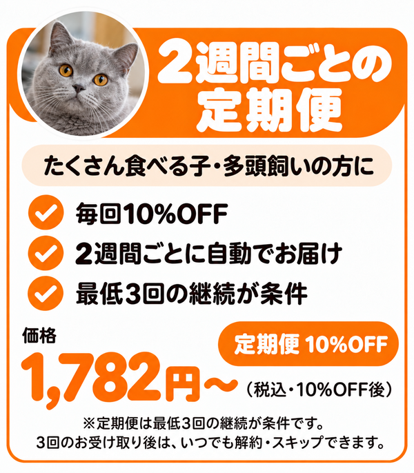 2週間ごとの定期便 たくさん食べる子・多頭飼いの方に。毎回10%OFF、2週間ごとに自動でお届け、最低3回の継続が条件。価格1,782円〜（税込・10%OFF後）。※定期便は最低3回の継続が条件です。3回のお受け取り後は、いつでも解約・スキップできます。