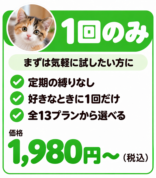 1回のみ まずは気軽に試したい方に。定期の縛りなし、好きなときに1回だけ、全13プランから選べる。価格1,980円〜（税込）