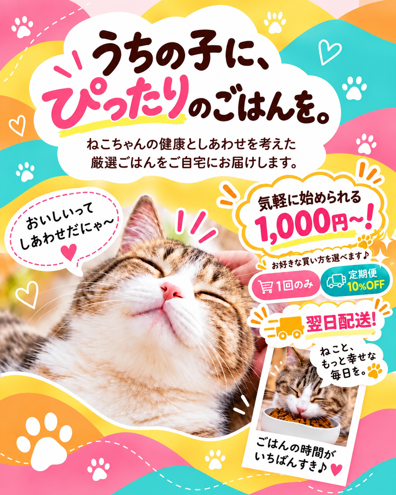 うちの子に、ぴったりのごはんを。ねこちゃんの健康としあわせを考えた厳選ごはんをご自宅にお届けします。気軽に始められる1,000円〜。お好きな買い方を選べます。1回のみ、または定期便10%OFF。翌日配送。